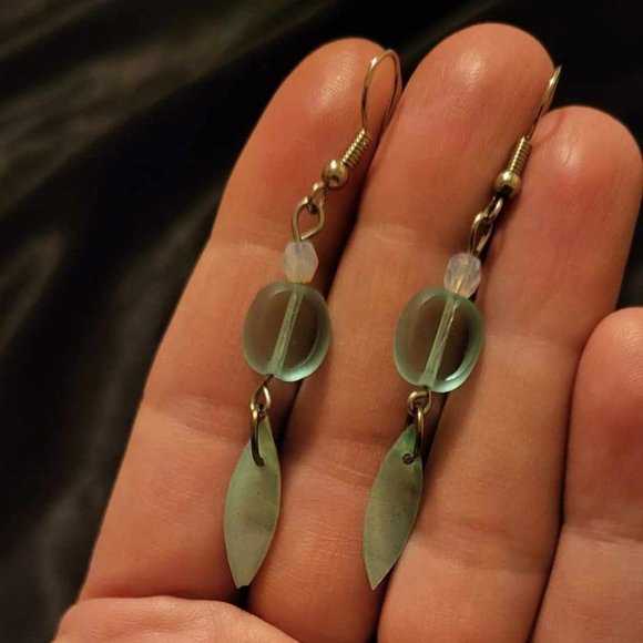 Turquoise Color Blue Bead and Shell with Genuine Rose Quartz Hook Earrings - Picture 2 of 3